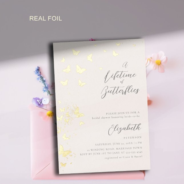 Invitación Con Relieve Metalizado Butterflies Clásico Moderno Ducha Bridal (a lifetime of butterflies bridal shower invitation gold foil butterfly garden whimsical modern chic)