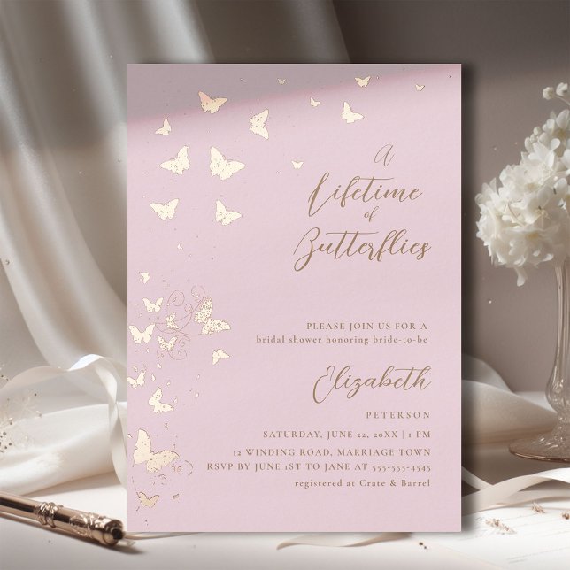Invitación Con Relieve Metalizado Butterflies Pink Rose Gold Brillante (a lifetime of butterflies bridal shower invitation dusty pink gold romantic elegant boho chic modern)