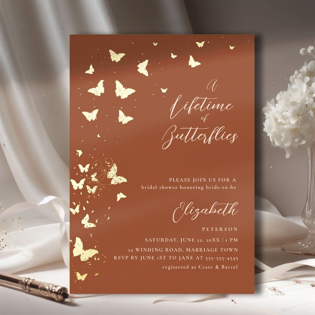 Invitación Con Relieve Metalizado Butterflies Terracotta Dorada Ducha de novias (a lifetime of butterflies bridal shower invitation terracotta gold romantic elegant boho chic modern)