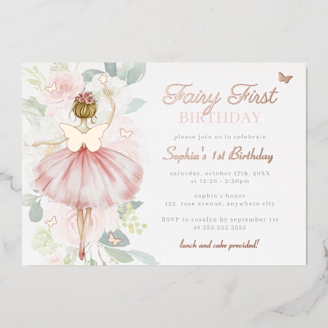 Invitación Con Relieve Metalizado Butterfly Fairy First Birthday Gold (Anverso)