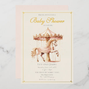 Invitación Con Relieve Metalizado Caballo de carrusel rosa elegante para baby shower