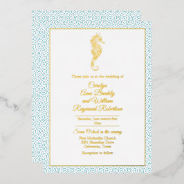 Invitación Con Relieve Metalizado Caballo de mar dorado con Boda de marco Aqua