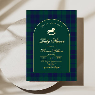 Invitación Con Relieve Metalizado Caballo mecedor clásico de cuadros verdes Baby Sho