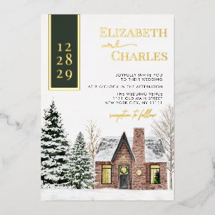 Invitación Con Relieve Metalizado Cabaña de invierno rústica verde boda