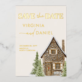 Invitación Con Relieve Metalizado Cabaña Rústica Cottage Invierno Vacaciones Save Th