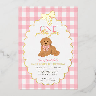 Invitación Con Relieve Metalizado Cachorro Goldendoodle Rosa Fiesta de Cumpleaños 1e
