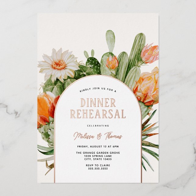 Invitación Con Relieve Metalizado Cactus Boho Boda Ensayo de cena (Anverso)