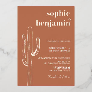 Invitación Con Relieve Metalizado Cactus de desierto Terracota Boda Retro Oro Rosa