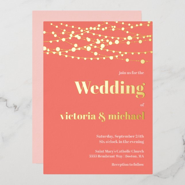 Invitación Con Relieve Metalizado Cadena de luces Boda moderno (Anverso/Reverso)