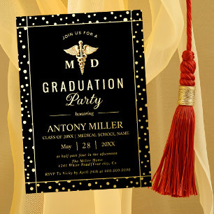 Invitación Con Relieve Metalizado Caduceo Clase 2026 graduación negra Hoja de oro