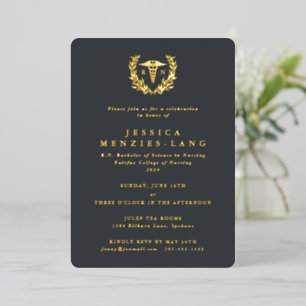 Invitación Con Relieve Metalizado Caduceo de Enfermera Registrada Gris+Cortina de La