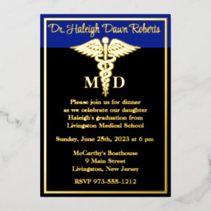 Invitación Con Relieve Metalizado Caduceus Medical School Graduation, Black/Blue
