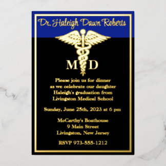 Invitación Con Relieve Metalizado Caduceus Medical School Graduation, Black/Blue