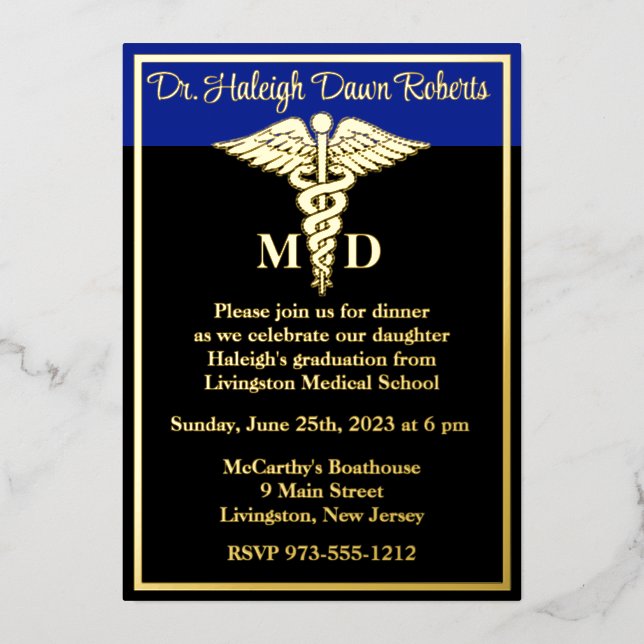 Invitación Con Relieve Metalizado Caduceus Medical School Graduation, Black/Blue (Anverso)