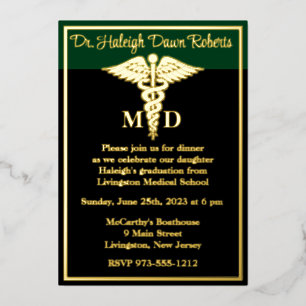 Invitación Con Relieve Metalizado Caduceus Medical School Graduation, Black/Green