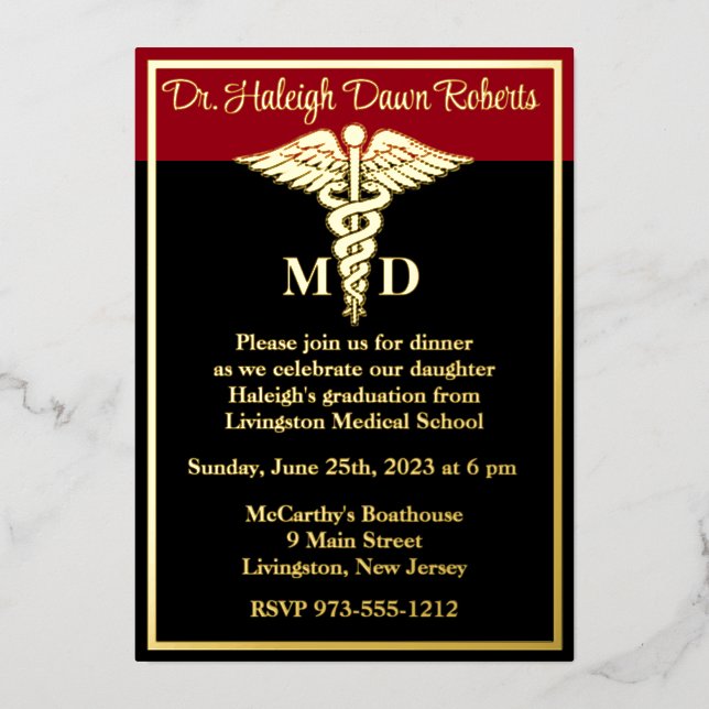 Invitación Con Relieve Metalizado Caduceus Medical School Graduation, Black/Red (Anverso)