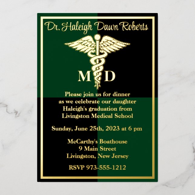 Invitación Con Relieve Metalizado Caduceus Medical School Graduation, Green/Black (Anverso)