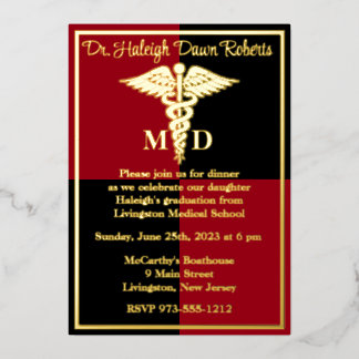 Invitación Con Relieve Metalizado Caduceus Medical School Graduation, Red/Black