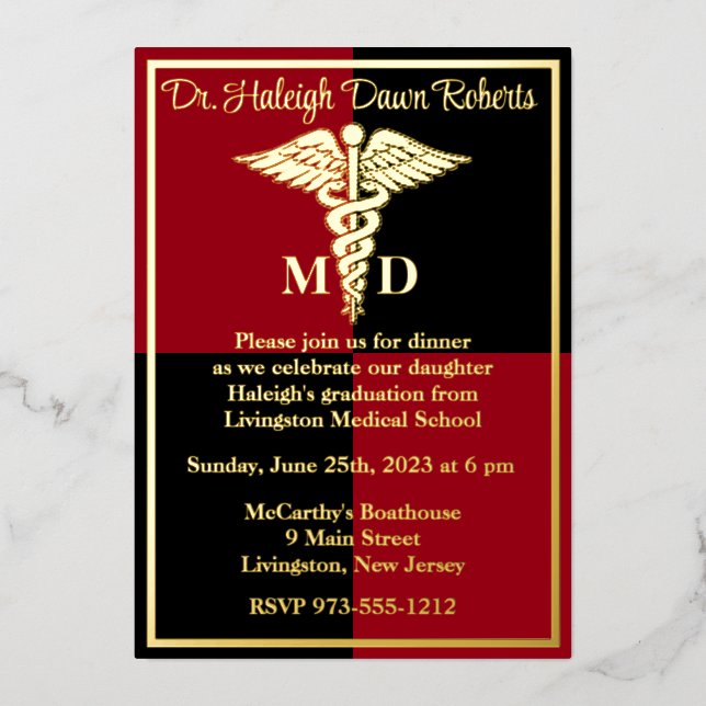 Invitación Con Relieve Metalizado Caduceus Medical School Graduation, Red/Black (Anverso)