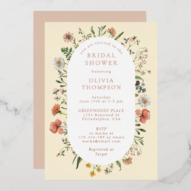 Invitación Con Relieve Metalizado Caída Whimsical Wildflower Arch Bridal Shower (Anverso/Reverso)