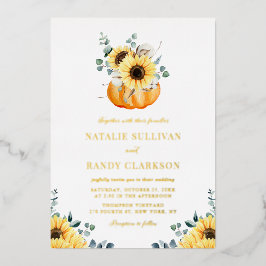 Invitación Con Relieve Metalizado Calabaza acuarela y girasoles - Boda otoño