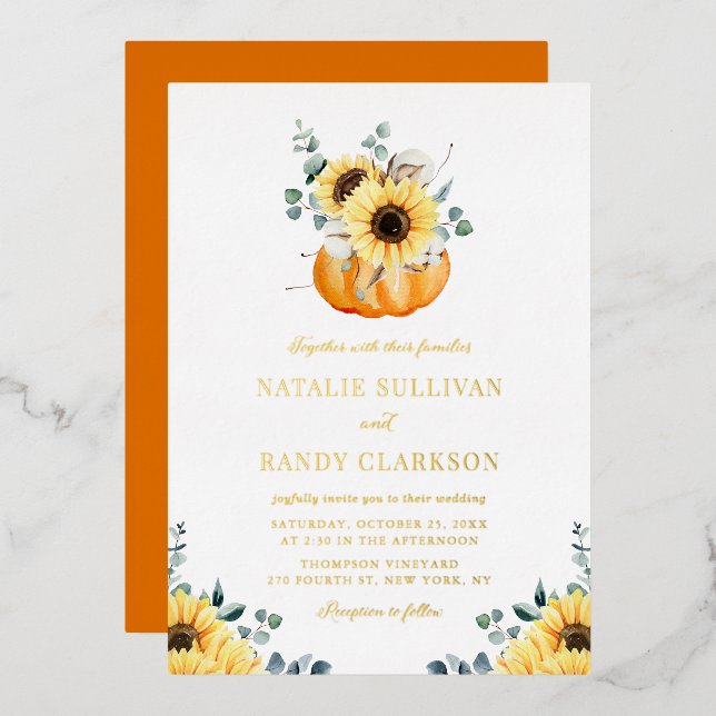 Invitación Con Relieve Metalizado Calabaza acuarela y girasoles - Boda otoño (Anverso/Reverso)