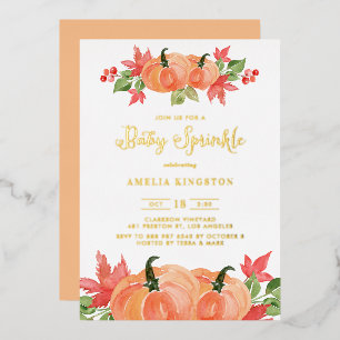 Invitación Con Relieve Metalizado Calabaza Aquarela Rústica Fiesta de Bebé Otoño