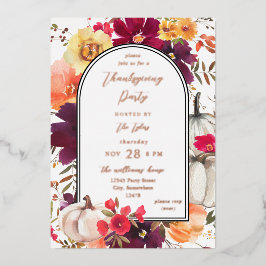 Invitación Con Relieve Metalizado Calabaza Blanca Floral Otoño Día de Acción de Grac