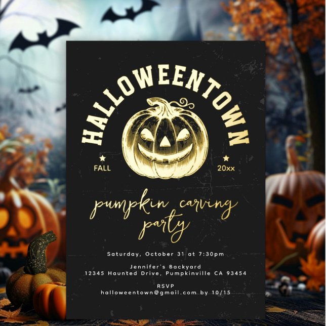 Invitación Con Relieve Metalizado Calabaza Jack O Lantern Halloween Party Gold (Subido por el creador)