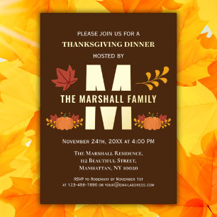 Invitación Con Relieve Metalizado Calabaza Monograma Feliz Día de Acción de Gracias