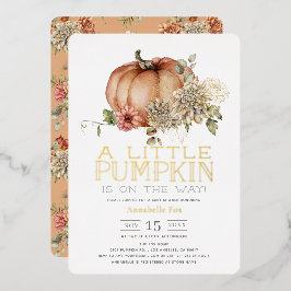 Invitación Con Relieve Metalizado Calabaza naranja y Baby Shower Dahlia blanca