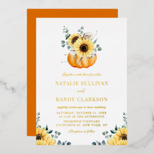 Invitación Con Relieve Metalizado Calabaza rústica y girasoles caen en la boda