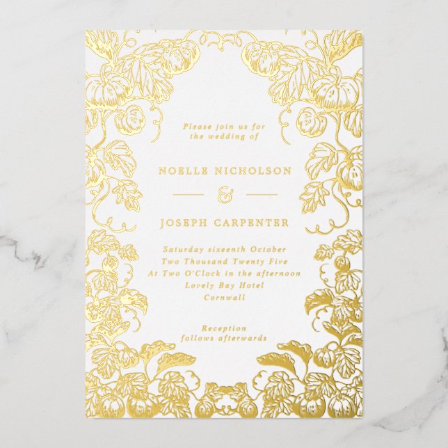 Invitación Con Relieve Metalizado Calabaza y hojas Línea de marco dibujado Boda de o (Anverso)