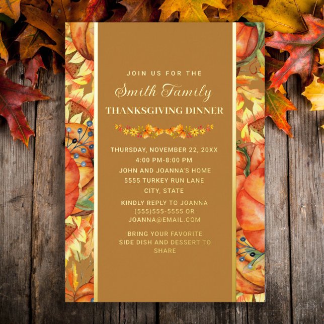 Invitación Con Relieve Metalizado Calabazas Caen Saltos Cena de Acción de Gracias (Elegant gold foil Thanksgiving Dinner invitation)