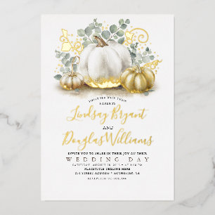 Invitación Con Relieve Metalizado Calabazas doradas y follaje de eucalipto para boda