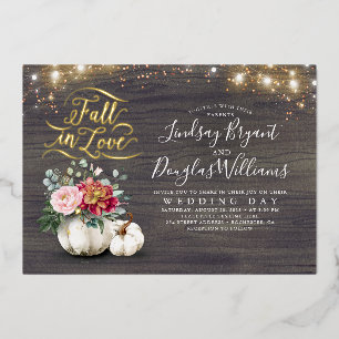 Invitación Con Relieve Metalizado Calabazas Florales Rojas y Rosadas de Otoño Boda B