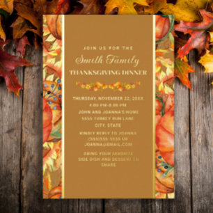 Invitación Con Relieve Metalizado Calabazas Hojas de Otoño Cena de Acción de Gracias