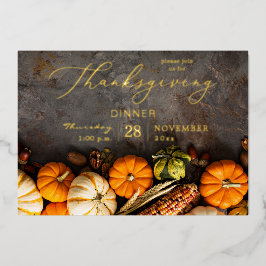 Invitación Con Relieve Metalizado Calabazas para la Cena de Acción de Gracias