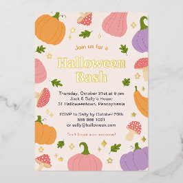 Invitación Con Relieve Metalizado Calabazas y hongos caprichosos de Halloween