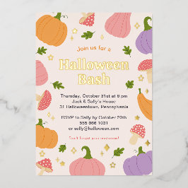 Invitación Con Relieve Metalizado Calabazas y hongos de Halloween