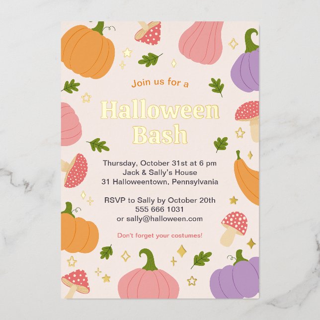 Invitación Con Relieve Metalizado Calabazas y hongos de Halloween (Anverso)