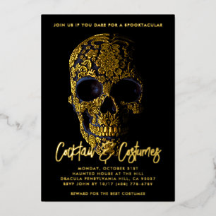 Invitación Con Relieve Metalizado Calavera de azúcar dorada Día de los Muertos Hallo