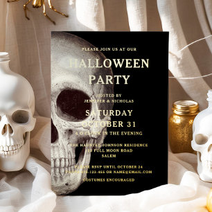 Invitación Con Relieve Metalizado Calavera Espeluznante Negra Halloween Adulto Dorad