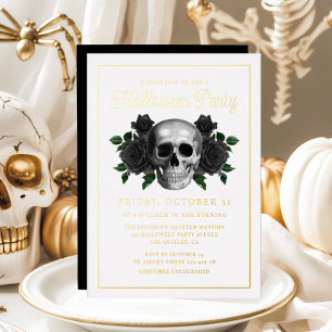 Invitación Con Relieve Metalizado Calavera Floral Gótica Halloween Oro