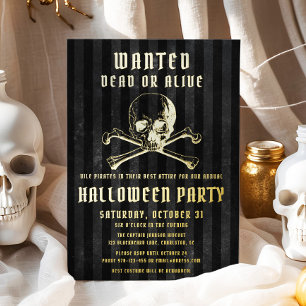 Invitación Con Relieve Metalizado Calavera Pirata Negra y Huesos Fiesta de Halloween