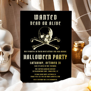Invitación Con Relieve Metalizado Calavera Pirata y Huesos Negros Fiesta de Hallowee