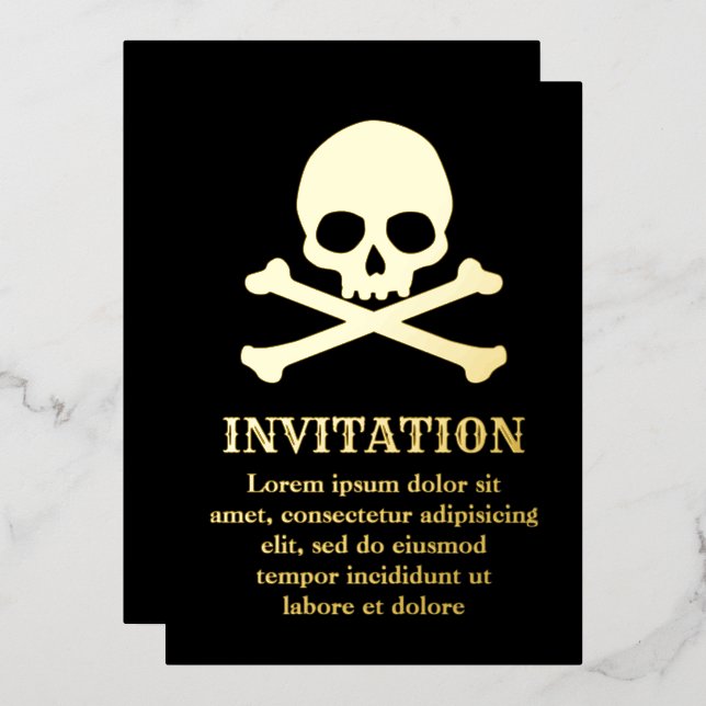 Invitación Con Relieve Metalizado Calavera Simple y Huesos Cruzados (Anverso/Reverso)