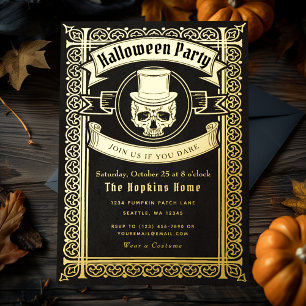 Invitación Con Relieve Metalizado Calavera vintage de Halloween con sombrero de copa