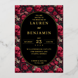 Invitación Con Relieve Metalizado Calaveras Florales Rojas Góticas