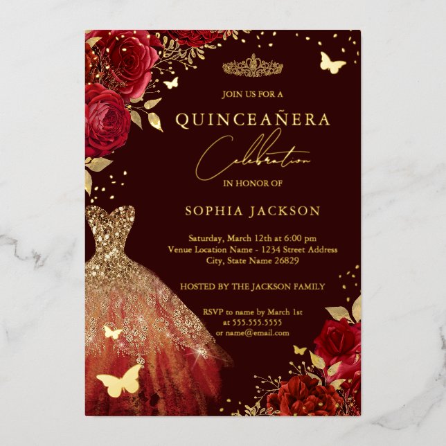 Invitación Con Relieve Metalizado Calderón rojo dorado Mariposa floral Quinceanera (Anverso)